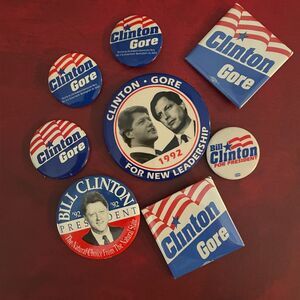 8 Vintage Clinton-Gore Campaign Buttons – 1992 & 1996 Elections